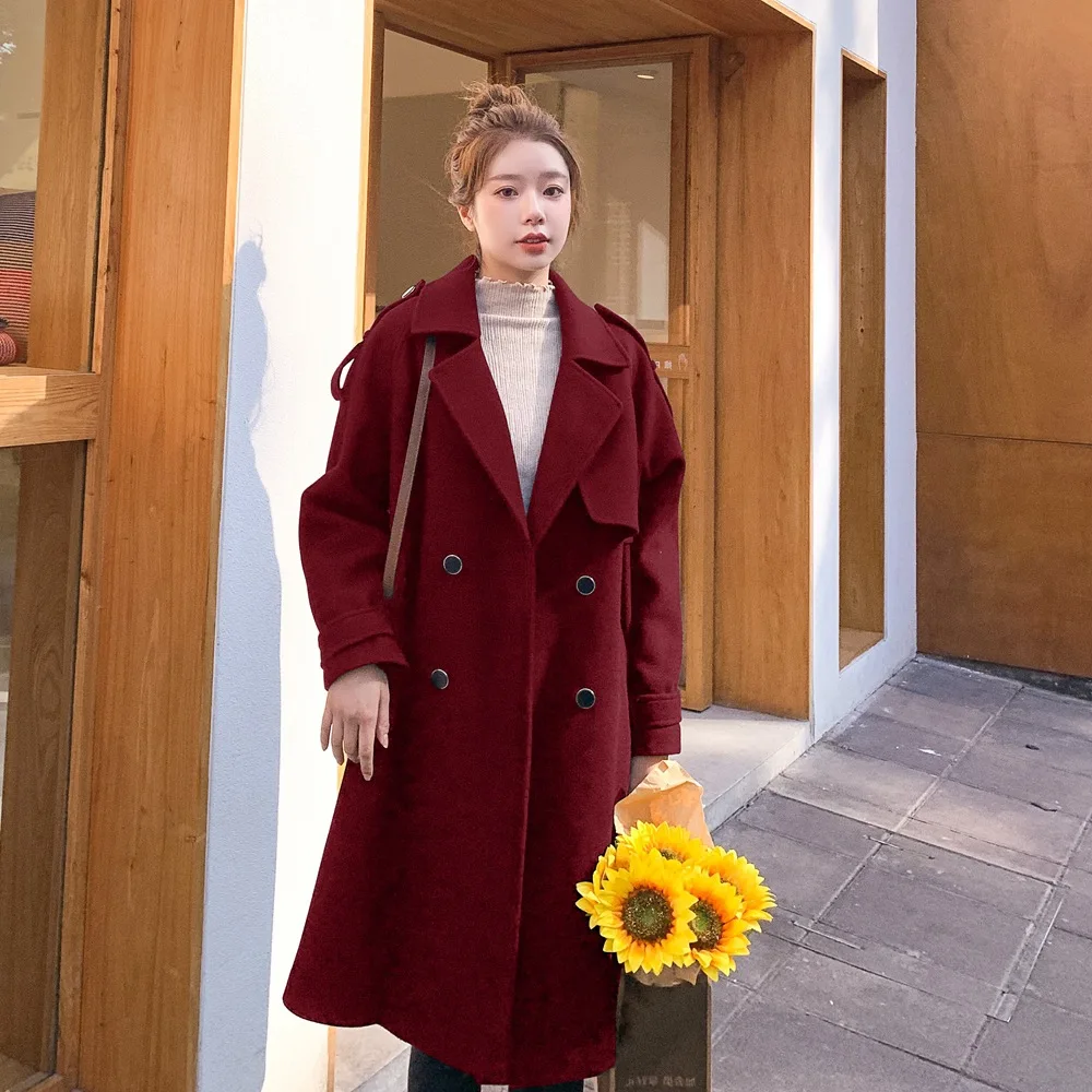 

Photo Shoot Mid-length Double Breasted Waist Hugging Woolen Jacket 2019 Winter New Style WOMEN'S Dress Retro England Woolen Over