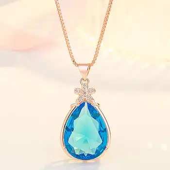 

Big water drop aquamarine topaz blue gemstones diamonds pendant necklaces for women rose gold tone choker jewelry bijoux gifts