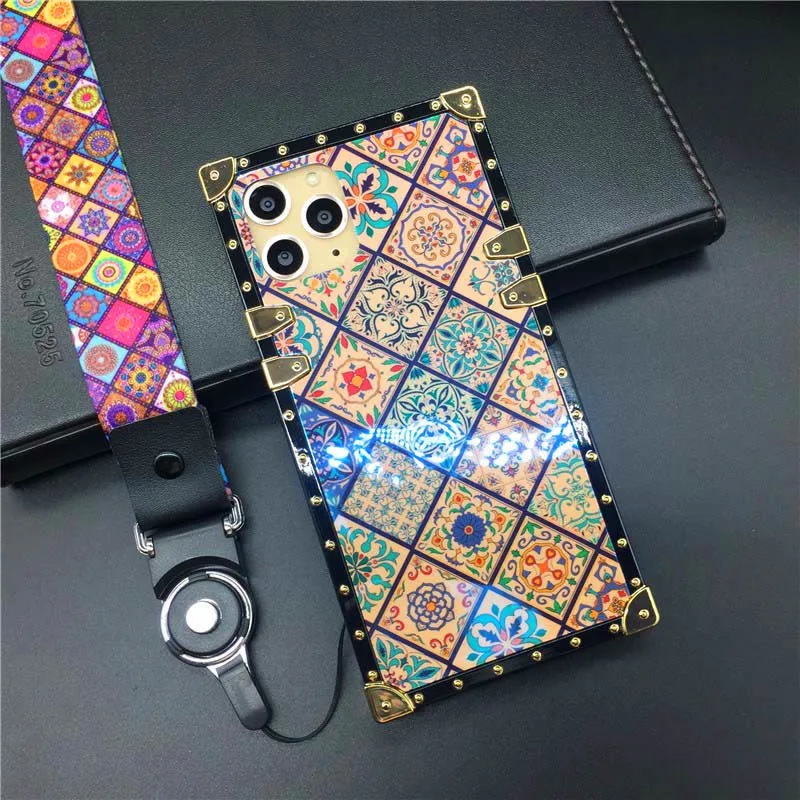 Color 1 Strap Роскошные Лазерная сетка телефон крышка Винтаж квадратный чехол для samsung Galaxy Note 10 плюс S8 S9 S10 J4 J6 плюс A10S A20S A50 A70 M30S A7 - Цвет: Color 1 Strap
