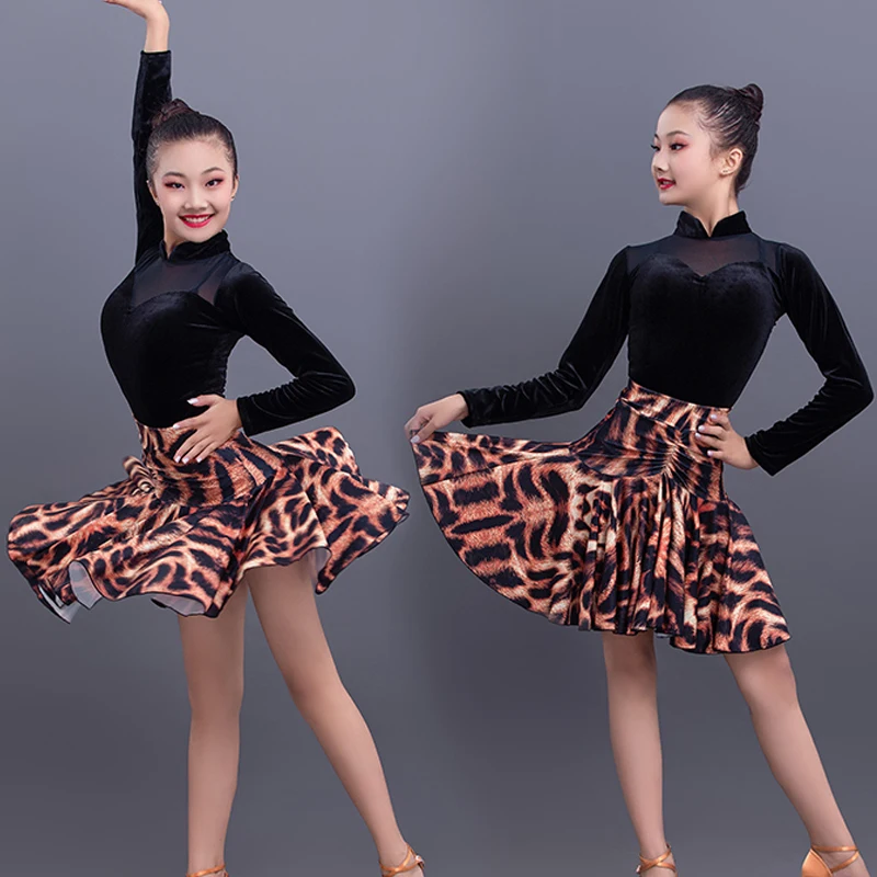 Children Latin Dance Costume Suit Kids Clothes For Girls Black Tops Leopard Skirts Professional Practice Dancewear Child 3478 |
