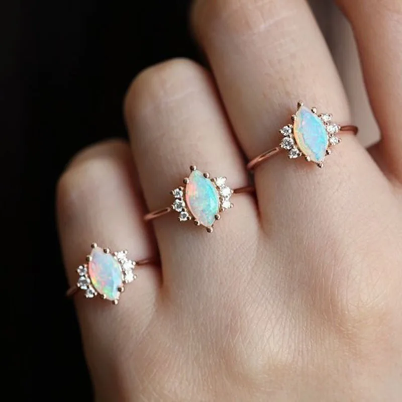 Popular Rose Gold Color Horse Eye Shaped Opal Ladies Ring Inlaid Minimalist Rhinestone Zircon Crystal for Women Party Jewelry | Украшения и