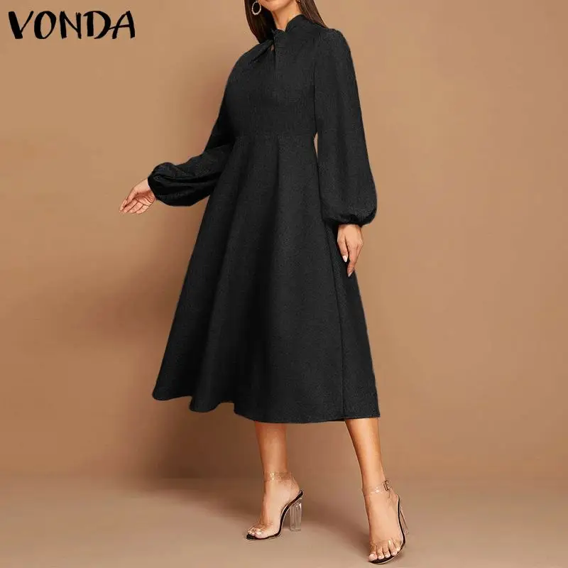 VONDA 우아한 드레스 2020 가을 봄 긴 랜턴 슬리브 셔츠 드레스 여성 플러스 사이즈 솔리드 숙녀 로브 보헤미안 Vest..