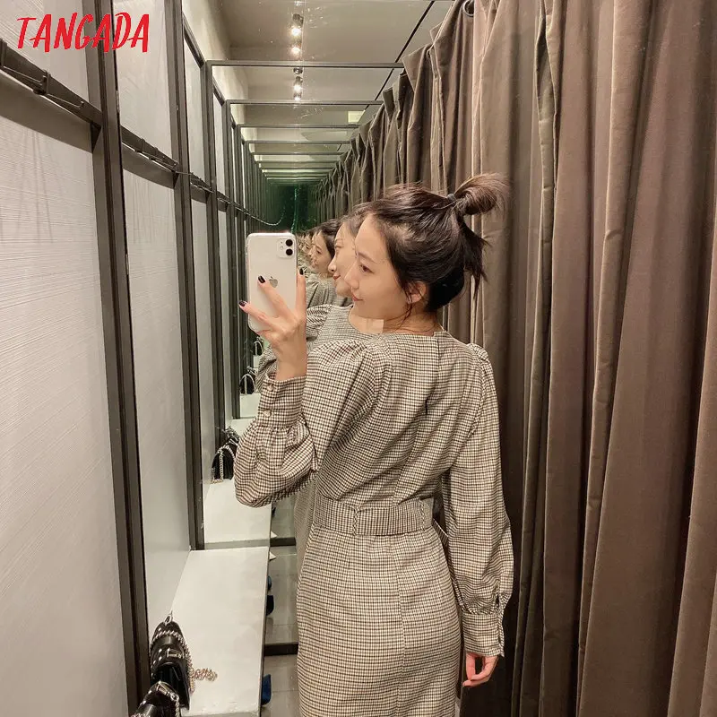 Tangada, английская Мода, женское платье в клетку с поясом, о-образный вырез, длинный рукав, женское мини платье, Vestidos 6P17