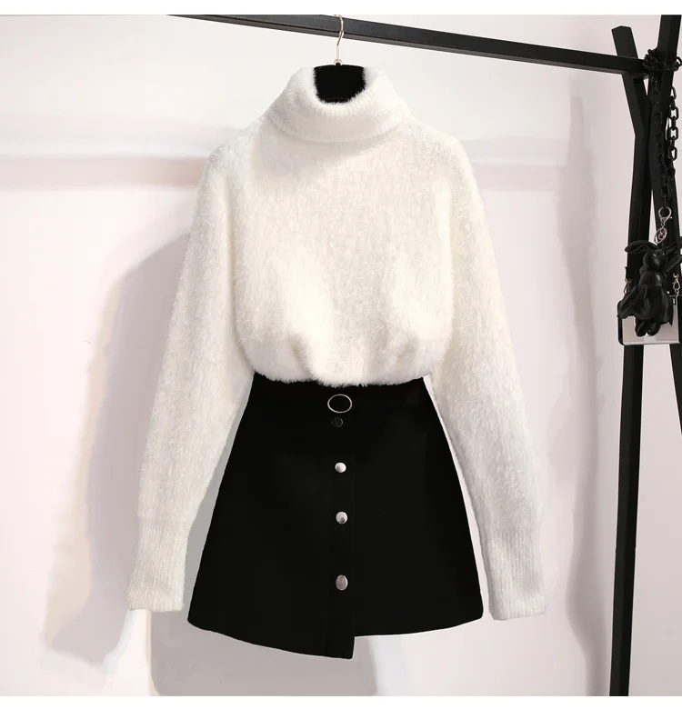 winter white turtleneck thick warm sweater and skirt short two piece set korean clothing set women knitted suits outfit knitwear shorts co ord