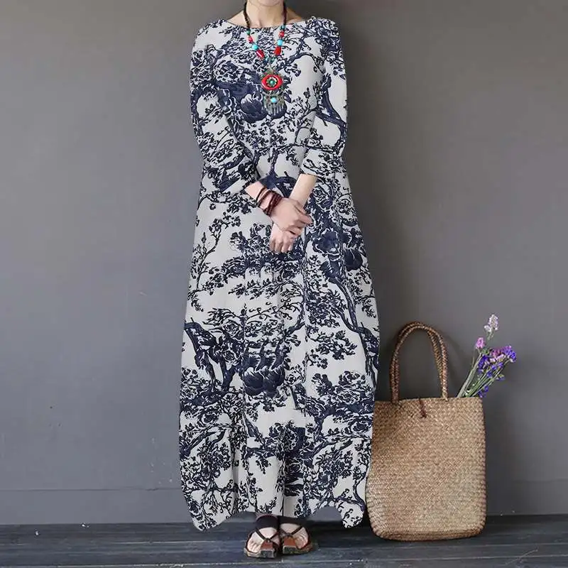 ZANZEA Vintage Printed Maxi Long Dress Women Sundress Casual Long Sleeve Kaftan Dresses Female Baggy Floral Vestidos Plus Size 7