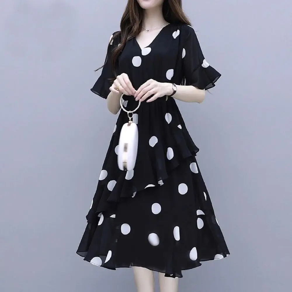 summer dress new woman dress loose large size wave point V-neck dresses for women dress