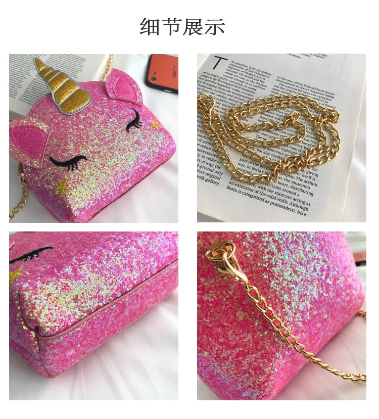 Kids Sequin Gillter Unicorn Handbag Purse Kuwaii Pink Silver Unicorn Crossbody Bags for Little Girls Mini Leather Shoulder Purse (1)