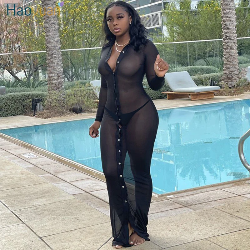 huiswerk In de omgeving van Ambacht HAOYUAN Sexy Black Mesh See Through Maxi Dress Women Fall Clothes Birthday  Party Club Outfits Long Sleeve Bodycon Shirt Dresses - AliExpress