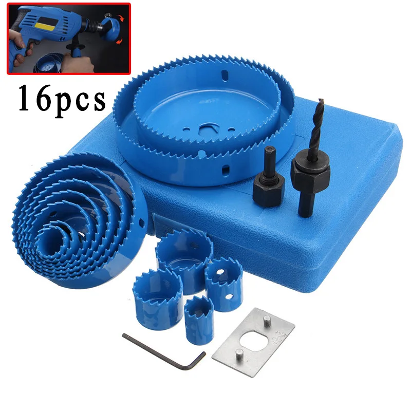 

16pcs Carbon Steel Hole Saw Set Mounting Plate Connecting Rod Woodworking Plasterboard Cutter Power Cutting Tools