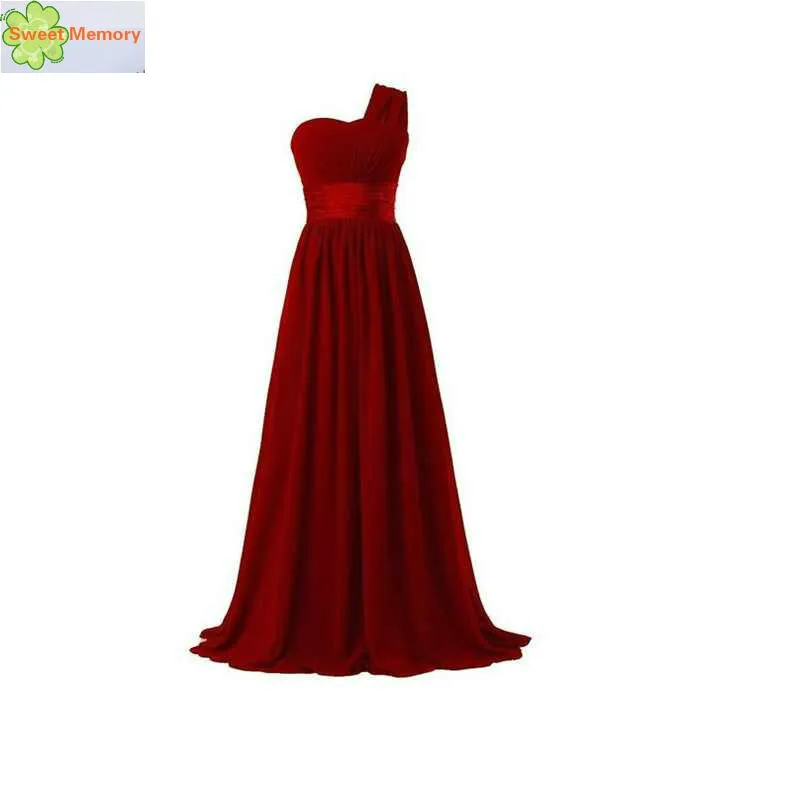 

Sweet Memory One Shoulder Green Red Purple Black Blue Chiffon Long Bridesmaid Dresses C81