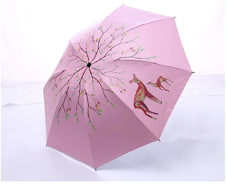 Korean-style Forest Deer Parasol UV-Protection Vinyl Parasol Women's Sun-resistant Three Fold Folding Umbrella Wholesale