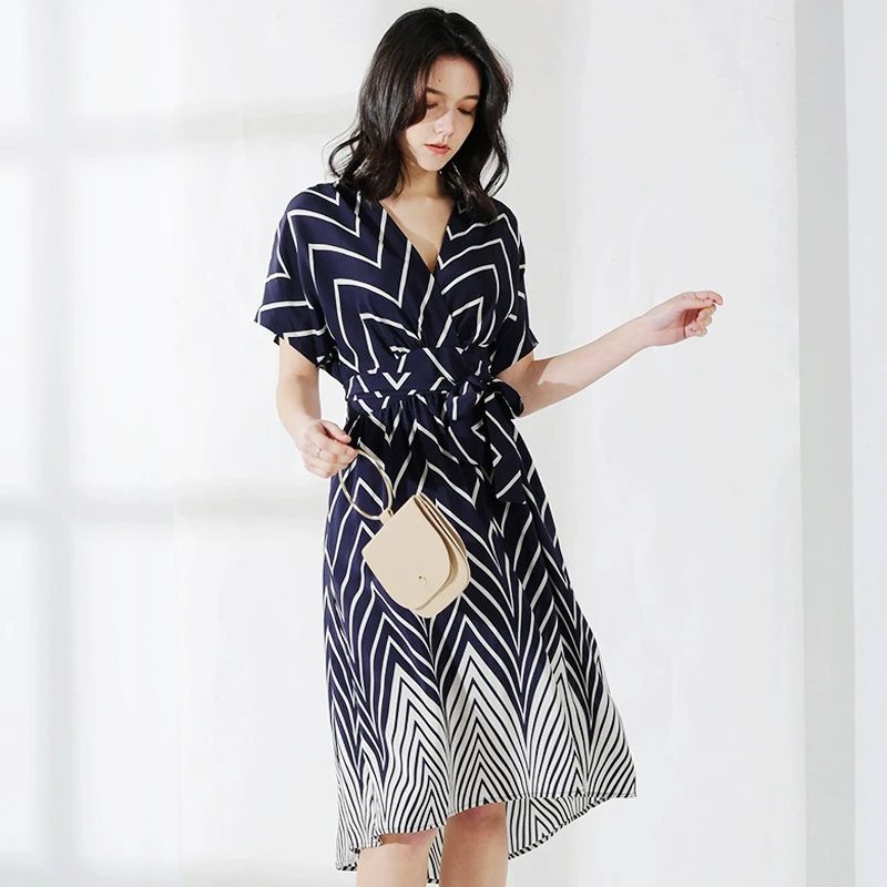 

100% Silk Dress Women Stripe Printed High Waist Design V Neck Short Sleeve Casual Dress Summer New Fashion