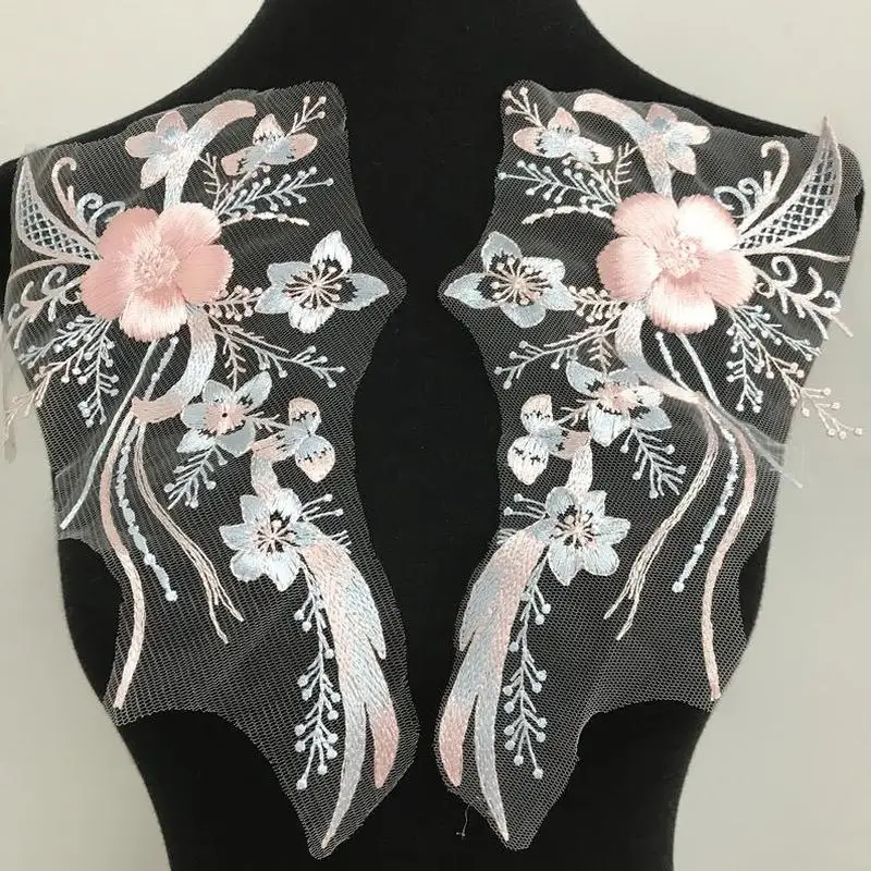 

1 Pair Exquisite Pink Embroidery Lace applique Net cloth sew on mesh fabric patch lace for Lyrical Dance, Ballet, Couture Gowns