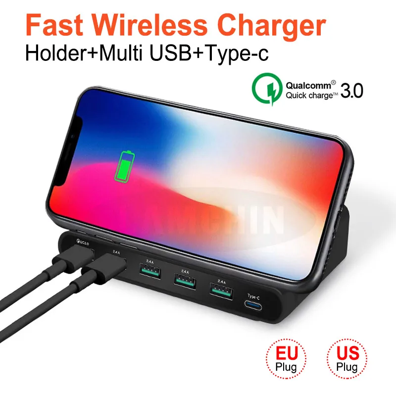 6 портов USB Qi Беспроводное зарядное устройство для iPhone X XS MAX быстрая зарядка QC 3 0