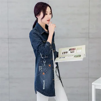 

Autumn Winter Korean Denim Jacket Women Slim Long Basic Denim Coat Beading Women's Plus Size Frayed Jeans Jackets