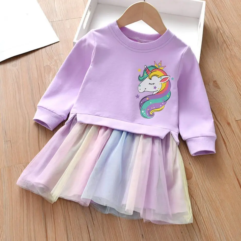 Girls Dress Girl Clothing Autumn Cartoon Unicorn Printed Long-sleeved Shirt Stitching Rainbow Mesh Princess Dress for 2 3 4 5 6 Years girls dress princess costume kids clothes