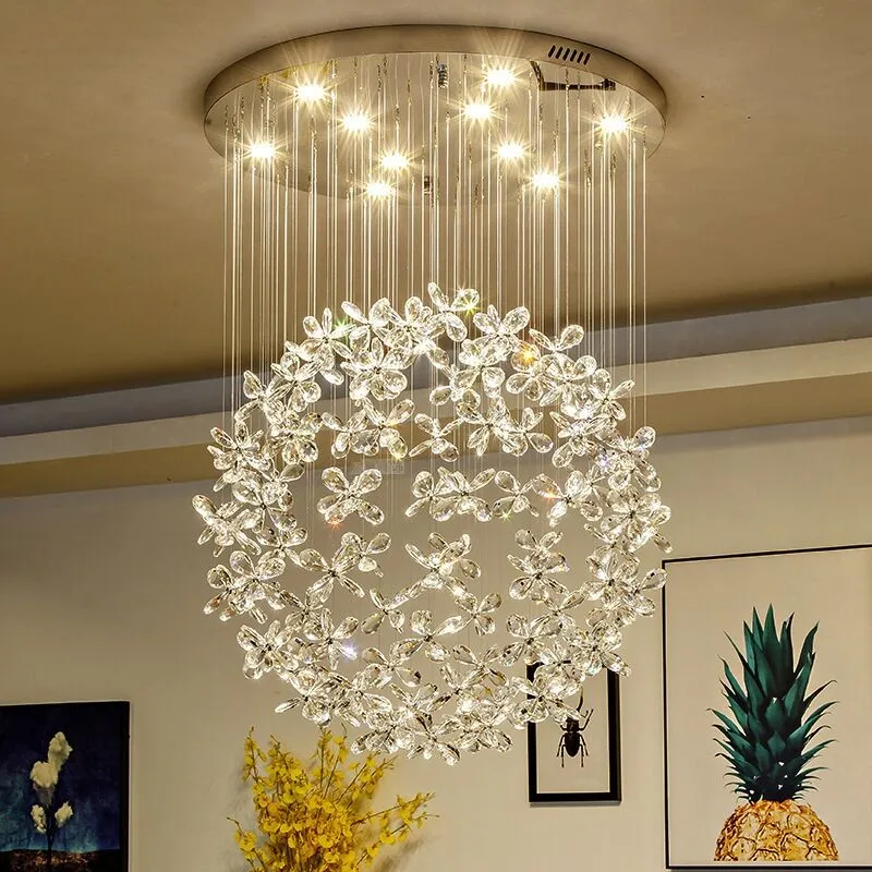 

Crystal Clear K9 Ceiling Lamps Flower Ball Stairway Modern Villa Chandelier Lighting Hanging Fixture Mall GU10 LED Lights