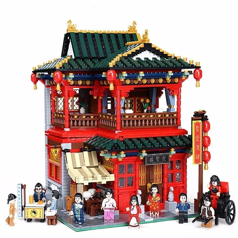 

New 3267pcs XB01002 The Chinese People Street Series Gather Virtuous Tavern Pub Children Spelling Insert Plastic Blocks Toys