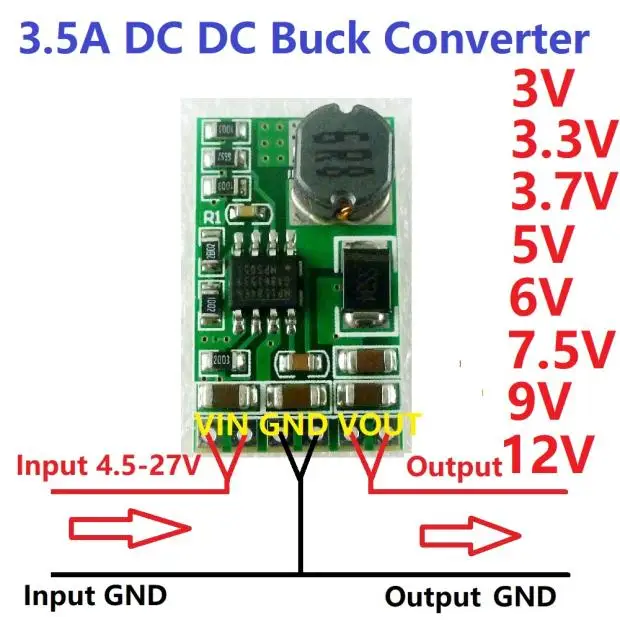 3.5A DC-DC понижающий преобразования Мощность модуль 5-27V до 3/3 образования легкой пены. 3 V/3,7/5В/6В/7,5/9/12 V