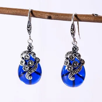 

Real Sterling S925 Silver Dangle Earrings Blue Corundum Black Agate Red Garnet For Women Ladies Girl 34*13mm Earrings Drop