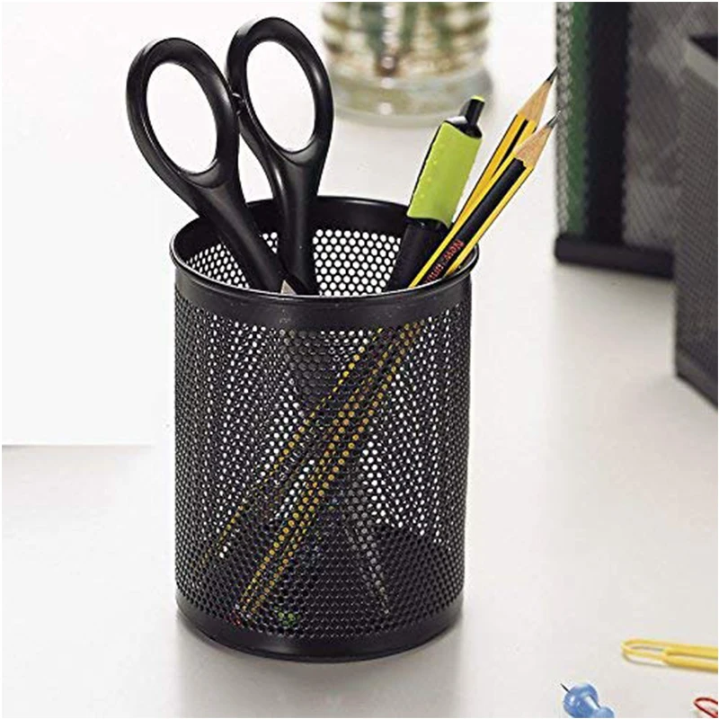 

MYLIFEUNIT Mesh Metal Pencil Holder Organizer Round Square Office Desk Black Pen Containers