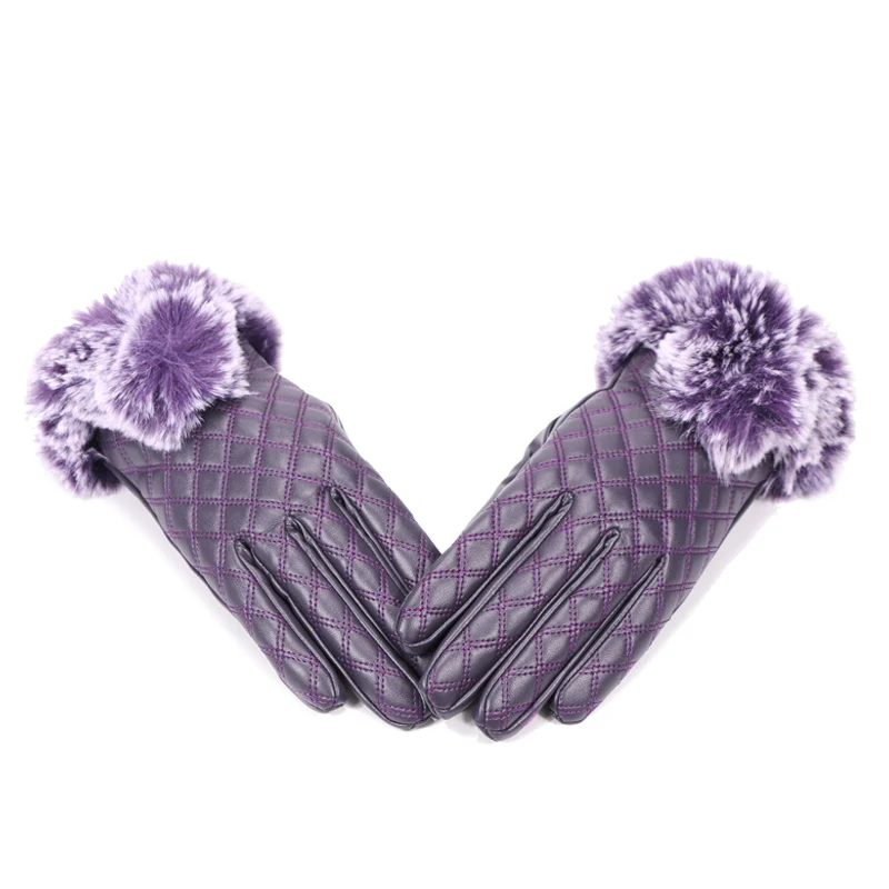 

Lady PU Leather Gloves Winter Warm Outdoor Full Finger Goloves Thermal Waterproof Windproof Faux Fur Mitten Women Driving Glove