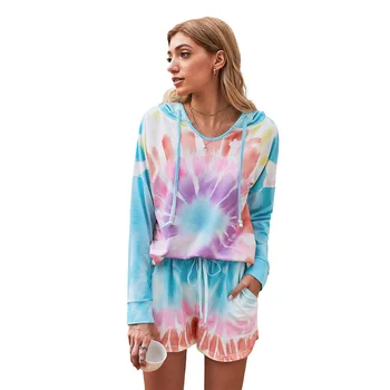 

SIMISI Women's Home Clothes Suit European and American New Tie-dye Pajamas for Women Polyester Round Neck Full Shorts Sleepwear