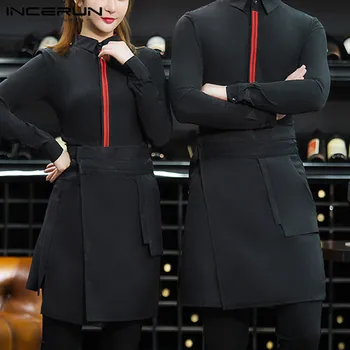 

INCERUN Unisex Waiter Uniform Aprons Pockets Solid Color Irregular Skirts Aprons Cafe Restaurant Catering Work Costume Men Women