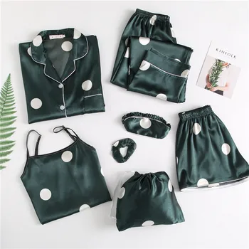 

Women 7 Pieces Pajamas Sets Stain Silk Pajamas Women Sleepwear Sets With Polka Dot Autumn Tops+Shorts+Shirt+Pants INS
