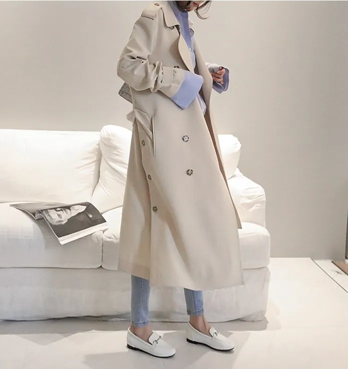 

2019 Elegant women chic long trench coat spring autumn female causal OL outerwear lady long jacket coat black Khaki