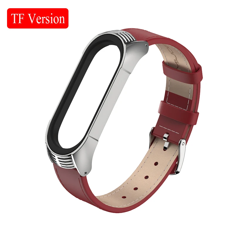 TF Red-Silver Для mi band 4 из натуральной кожи, металлический каркас, кожаный ремешок плюс для Xiaomi mi, браслет 4, браслет для mi Band 4, NFC, TF ремешок - Цвет: TF Red-Silver