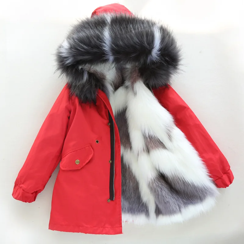 Red Gray White 30 градусов, пальто для девочек, куртка с капюшоном и меховым Теплые куртки для мальчиков детские зимние Водонепроницаемый толстые Детские комбинезоны Подростковая зимняя одежда - Цвет: Red Gray White