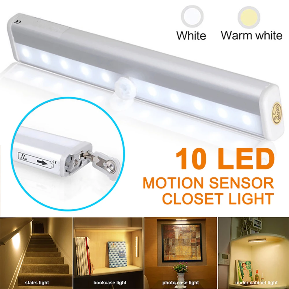 10 LED PIR Motion Sensor Closet Lights Wireless Under Cabinet Wardrobe Kitchen 