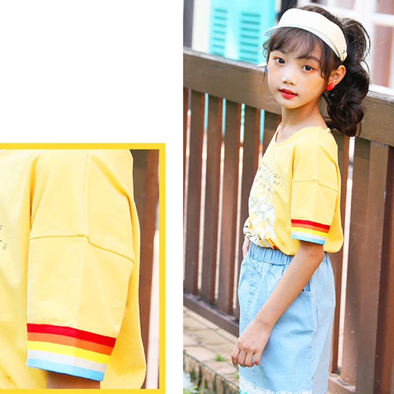 Girls Clothes Short Sleeve T-shirt Cotton Yellow Tops Printed Letters Kids Shirts Children's Clothing Cotton Round-collar