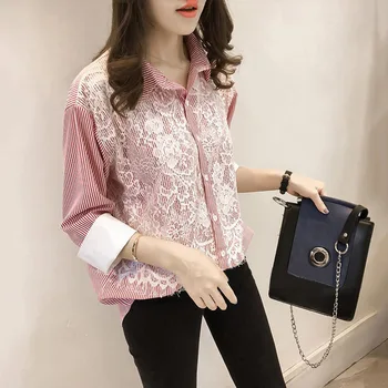 

lace trim Patchwork casual shirt blouses women tops three quarter turn-down sleeve streetwear