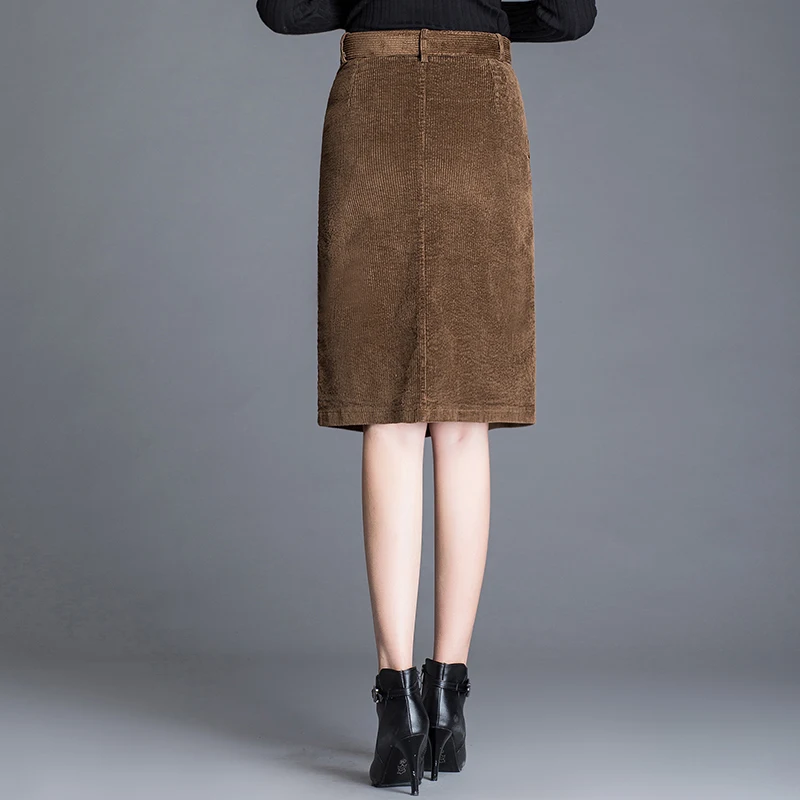 0243 вельветовые юбки женские с поясом корейский стиль Высокая талия с поясом Юбка карандаш женские до колена элегантные офисные зимние