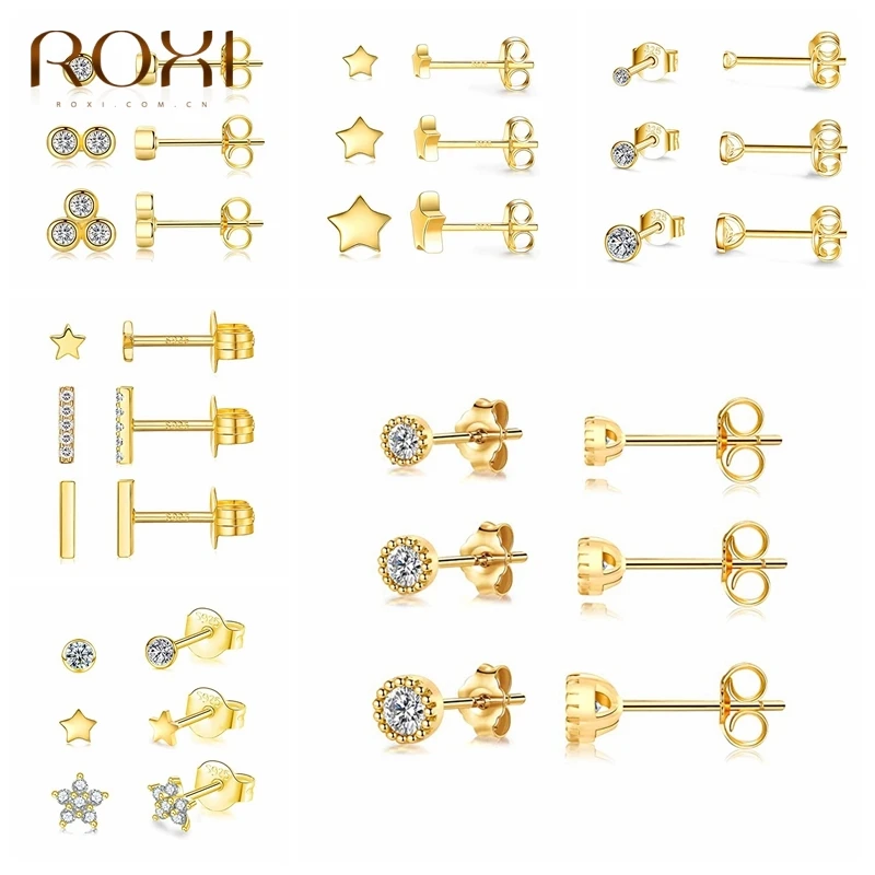 ROXI 3 unids/set cristales broche geométrico pendientes para las mujeres pequeña estrella ronda Piercings pendiente de la joyería de la plata esterlina 925 Oorbellen
