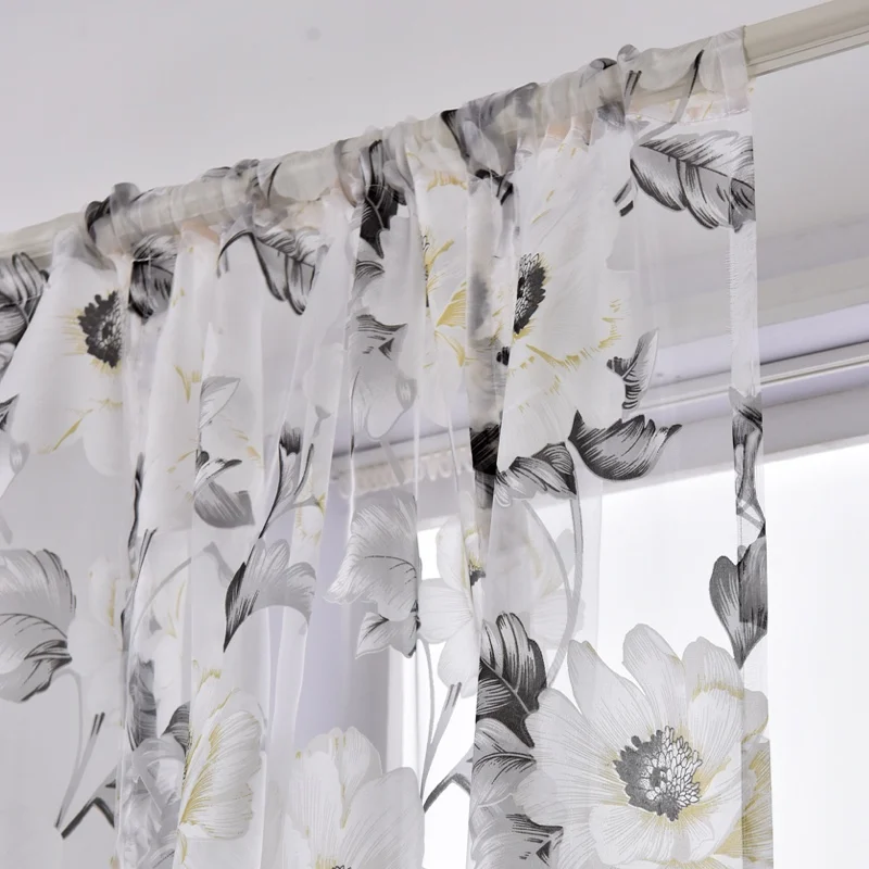 

Modern Floral Short Curtains For Kitchen Printed Sheer Tulle Curtain Window Screening Treatment Voile Curtains Home Decor Drape
