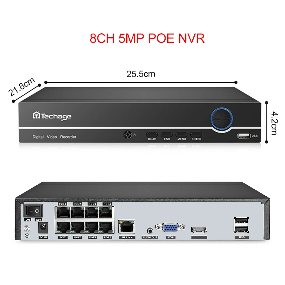 Techage-Sistema de Vigilância NVR CCTV Segurança, Câmera IP, Câmera de Monitoramento, Entrada NVR, H.265, 8CH, 5MP, 4MP, 3MP, 1080p