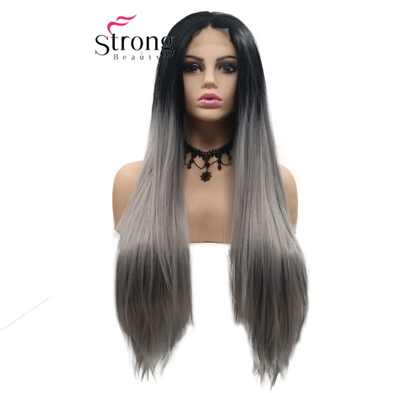 StrongBeauty Натуральные Прямые Синтетические парики на кружеве черный золотой блондин термостойкие парики со средней частью парик на шнурке для женщин - Цвет: Ombre Grey