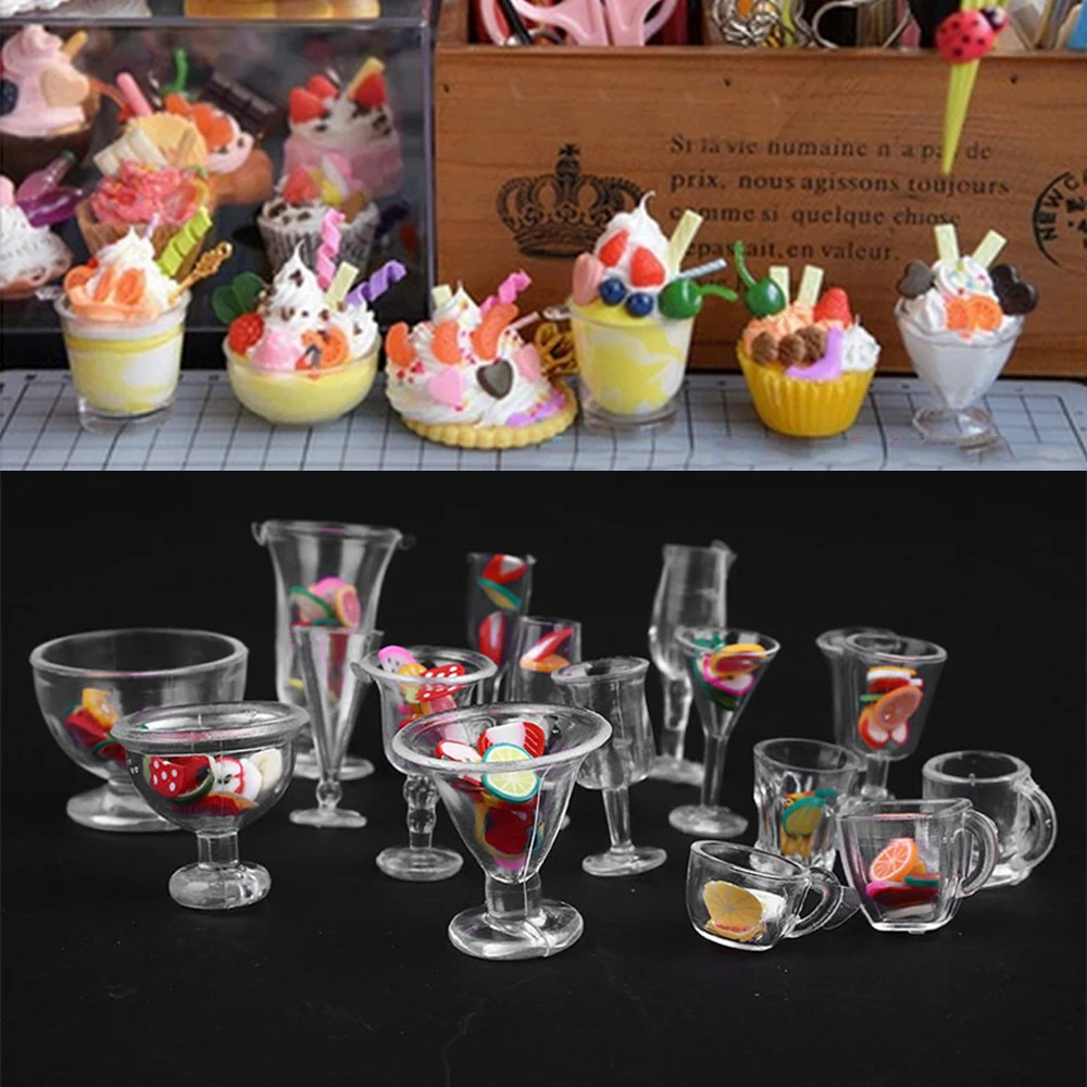 

17pcs/Set Dollhouse Miniature Cups Decorative Arts Bar Diy Children Food Supply Mini Wine Cups Ice Cream Sundae Cup Clear