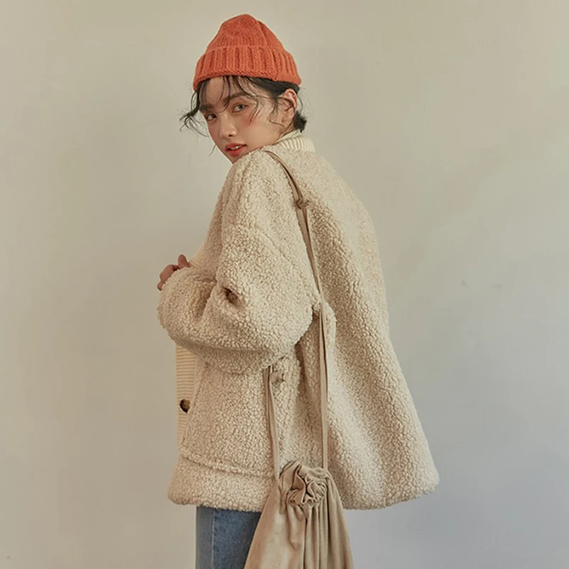 Neploe Lambswool Лоскутная утепленная куртка зимняя с длинным рукавом с v-образным вырезом модная верхняя одежда свободная теплая однобортная Женская куртка 55091