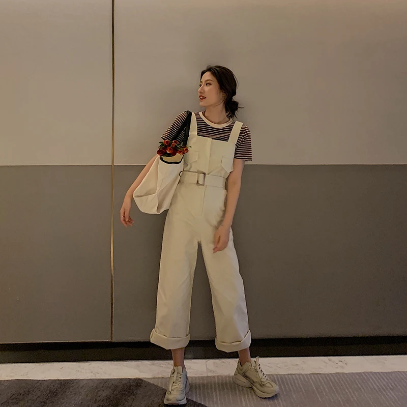 

Women Fashion Summer Jumpsuits Casual Solid Sleeveless Strap Pocket High Waist Loose Belted Wide Legs Cotton Body Mujer