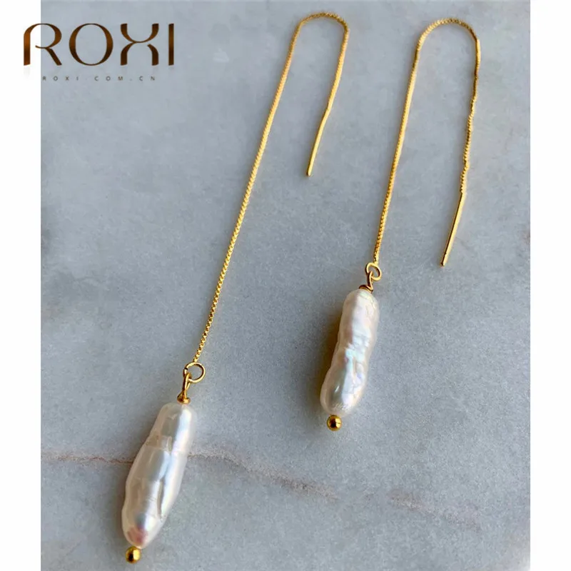 ROXI модный речной жемчуг длинные висячие серьги Женская Золотая цепочка серьги с кисточками линии уха барокко жемчужные висячие серьги