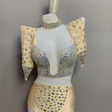 Модный разноцветный бюстгальтер со стразами, короткие перчатки, комплект одежды для женщин, певица, сексуальный Набор белья бикини, бар, танец, выпускной, комплект одежды