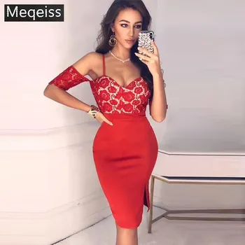 

Meqeiss 2019New Summer Red Off Shoulder Lace Bandage Dress Women Short Sleeve Sexy Club Celebrity Evening Party Dresses Vestidos