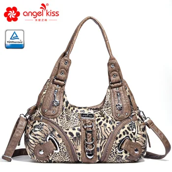

Leopard Print Waterproof Washed PU Women Handbag Double-Compartment Roomy Design Lady Should Bag Satchel Tote