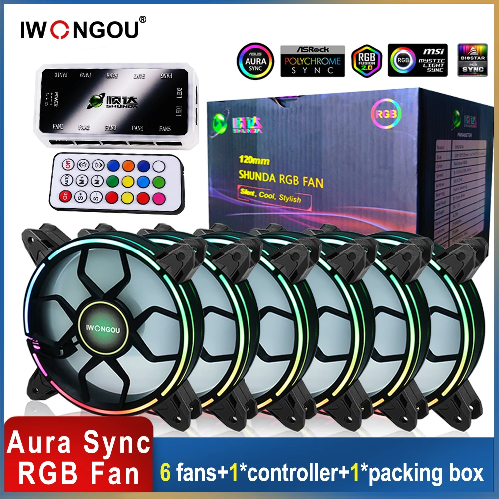 IWONGOU Aura Sync 120mm PC Cooler Fan RGB Adjustable Speed Adjust LED 12cm Kit 6 In1 Computer Argb Case Controller | Компьютеры и офис