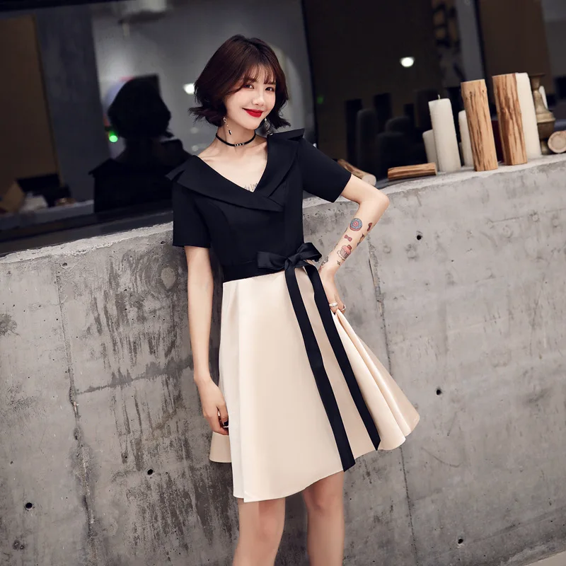 black short Коктейльное платье, v-образный вырез, длина до колен, вечерние платья с коротким рукавом и оборками коктейльное платье А-силуэта, халат на молнии, Soiree E377 - Цвет: black short