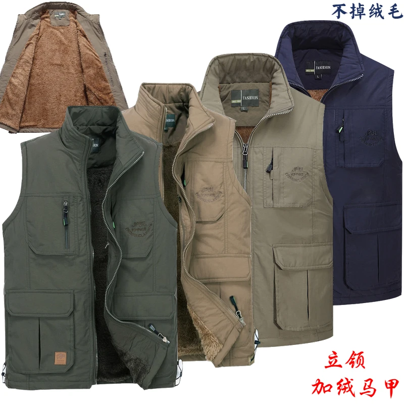 

Autumn Winter Jackets Men's Outdoor Camping Trekking Sleeveless Vest Winter Fur Multi-pockets Warm Coat Waistcoat hombre
